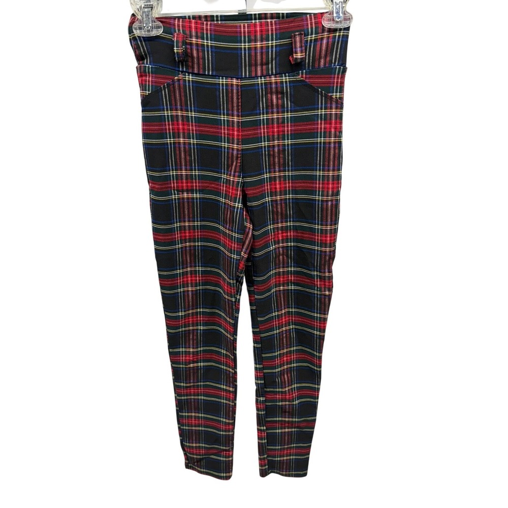 Piazza Italia Women's Plaid Trousers Red Green Tartan Slim High Waist Pant Small